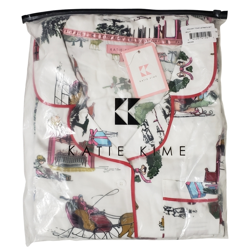 Katie Kime Women's White Scenic Print Pajama Set with Pink Trim